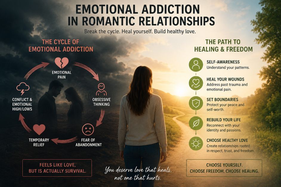 emotional addiction romantic relationships healing infographic Infographic showing emotional addiction in romantic relationships, trauma bonding cycle, emotional dependency signs, and healing path toward healthy love