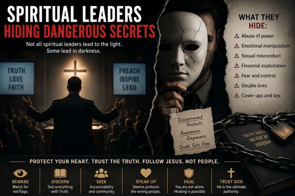 spiritual-leaders-hiding-dangerous-secrets-warning-signs Infographic showing spiritual leaders hiding dangerous secrets, spiritual abuse warning signs, emotional manipulation, church trauma, and healing from toxic religious leadership