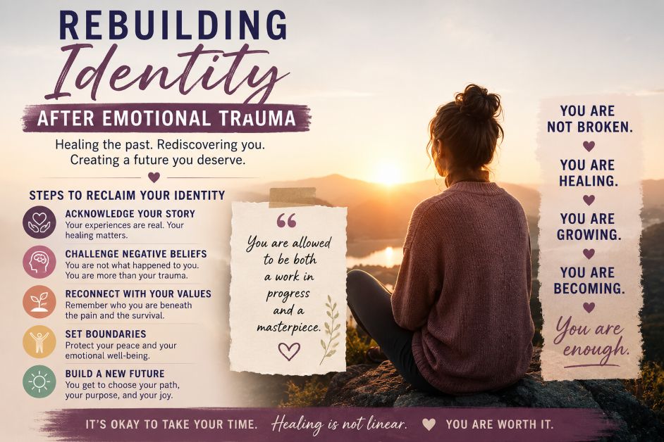 rebuilding-identity-after-emotional-trauma-healing-journey Woman reflecting at sunrise while rebuilding identity after emotional trauma, healing self-worth, recovering from emotional abuse, and rediscovering personal strength