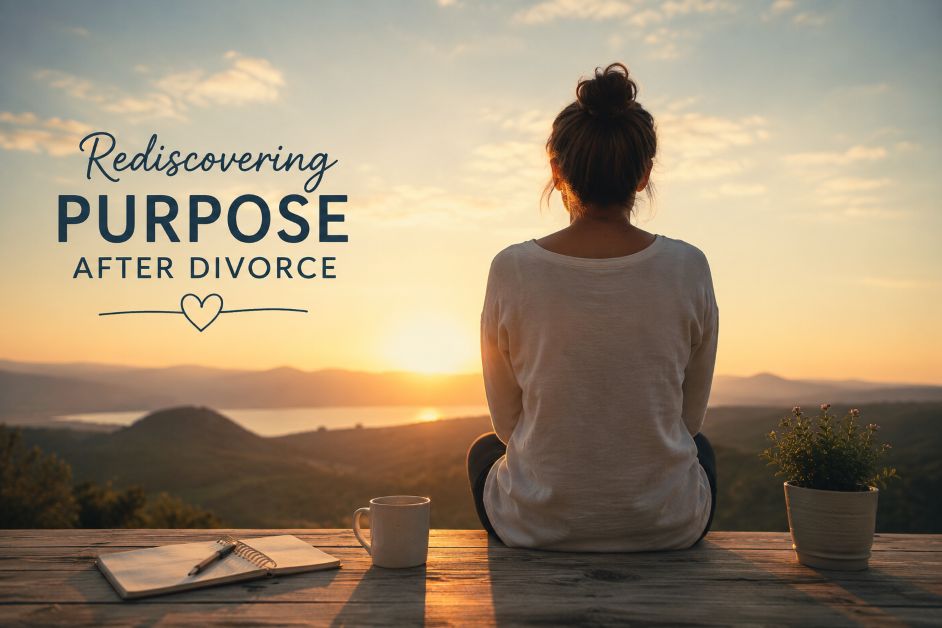 Rediscovering Purpose After Divorce Woman sitting at sunrise reflecting on rediscovering purpose after divorce and starting a new chapter in life